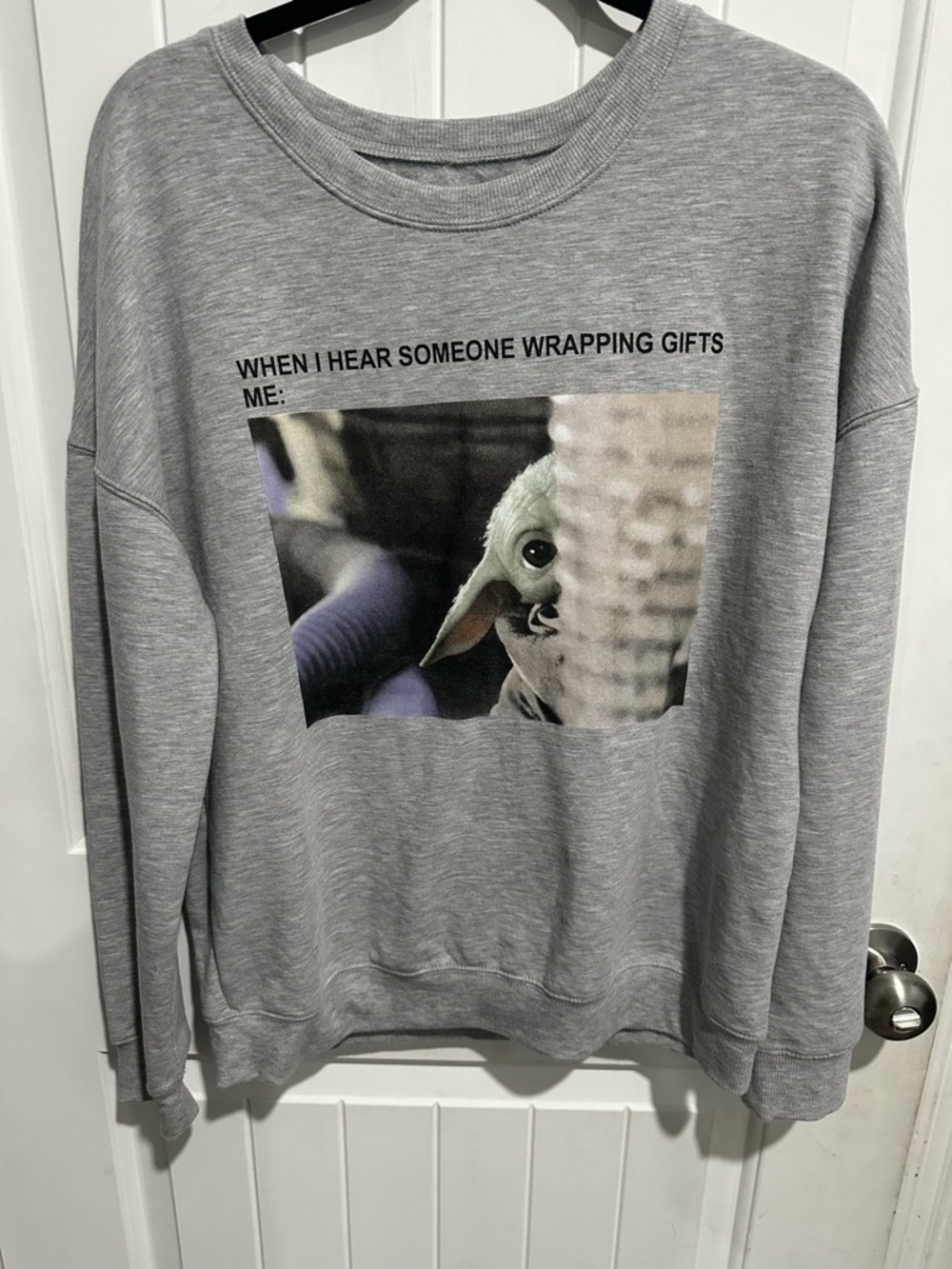 Grey Graphic Crewneck Sweater with Baby Yoda Print - Men